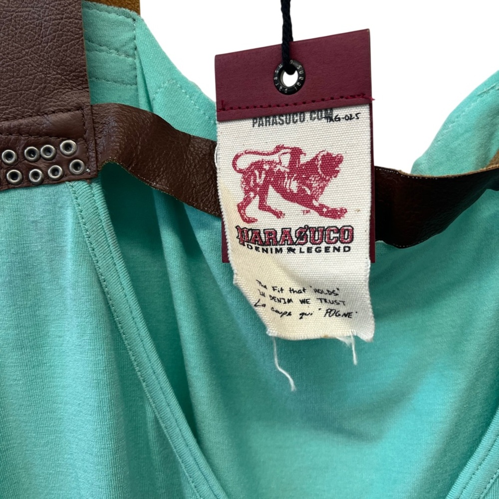 NWT Vintage Parasuco Mint Teal Sleeveless Top with Brown Leather Straps - Picture 2 of 5